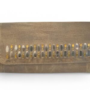 Calleen Cordero Clutch Handbag Taupe Distressed Leather Metal Accents NEW